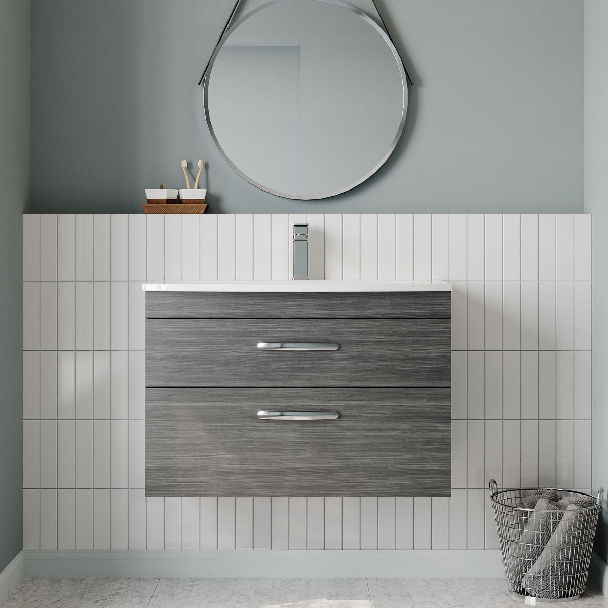 Modern Splash 800mm Anthracite Woodgrain 2 Drawer Wall Hung Vanity Unit With Curved Basin