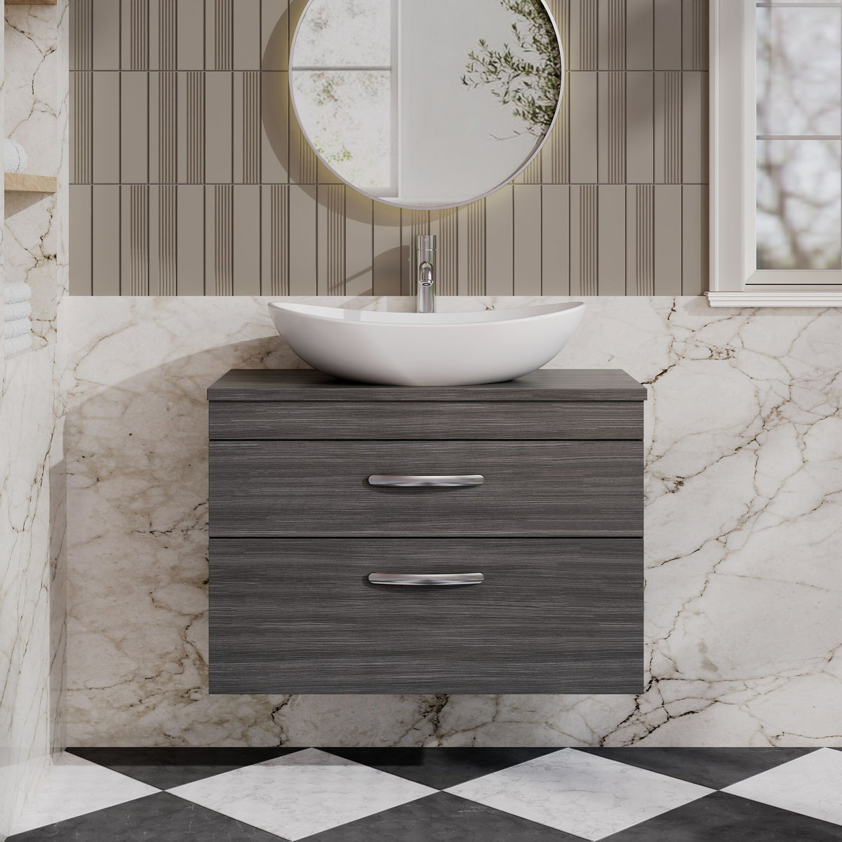 Modern Splash 800mm Anthracite Woodgrain 2 Drawer Wall Hung Vanity Unit With Co-ordinating Worktop