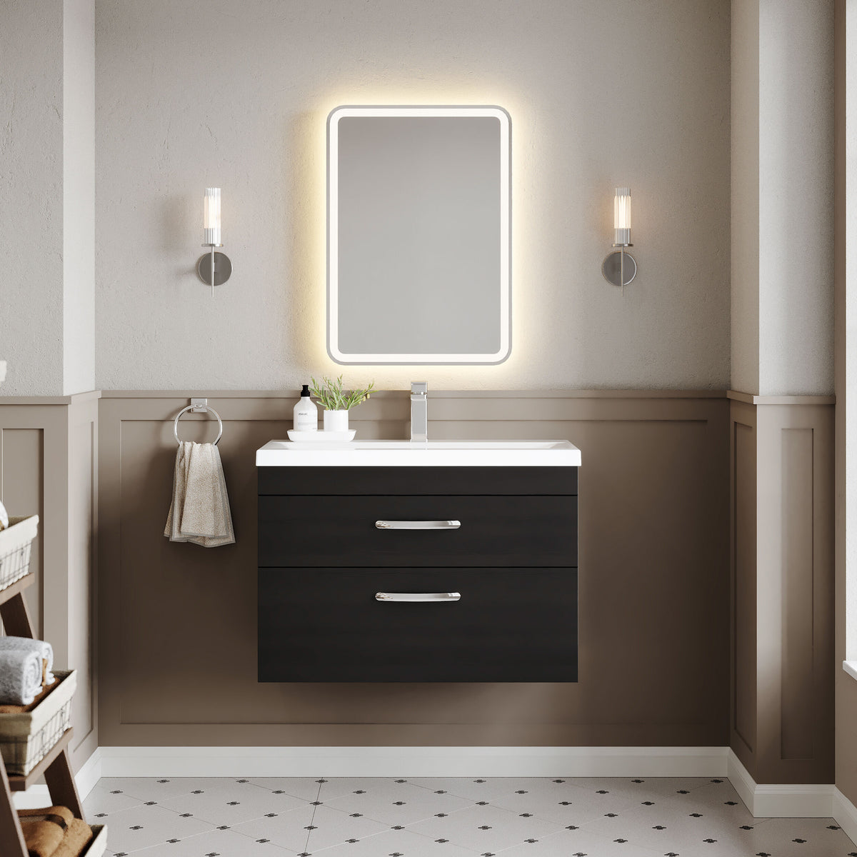 Modern Splash 800mm Charcoal Black 2 Drawer Wall Hung Vanity Unit With Mid-Edge Basin