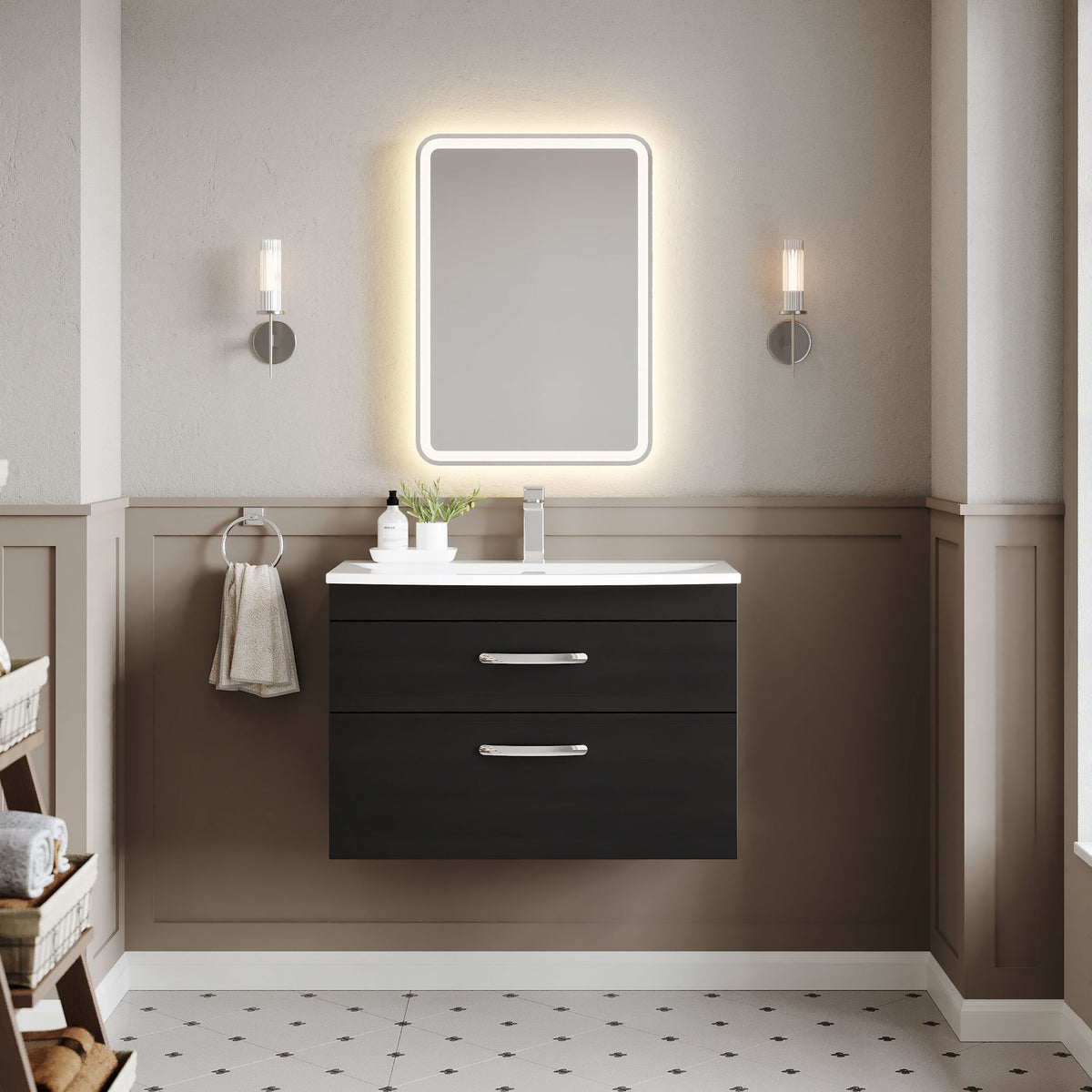 Modern Splash 800mm Charcoal Black 2 Drawer Wall Hung Vanity Unit With Curved Basin
