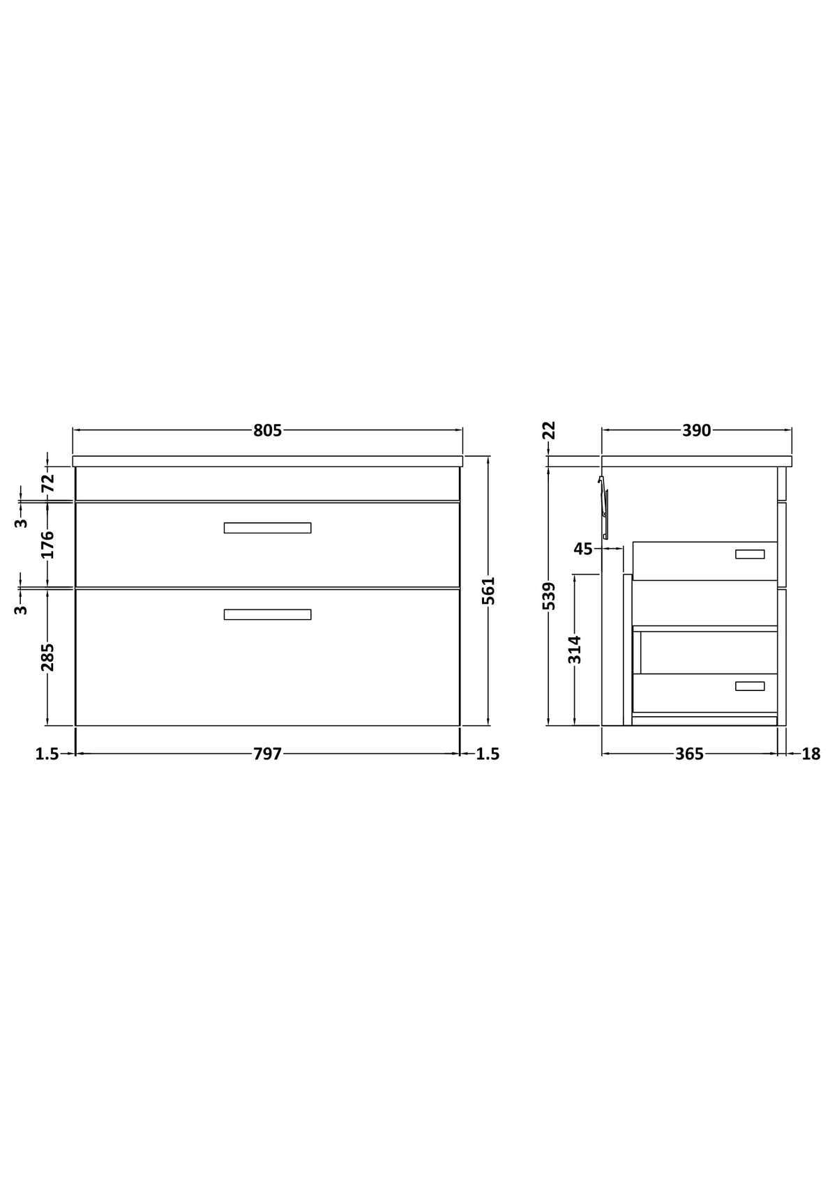 Modern Splash 800mm Charcoal Black 2 Drawer Wall Hung Vanity Unit With Bellato Grey Worktop