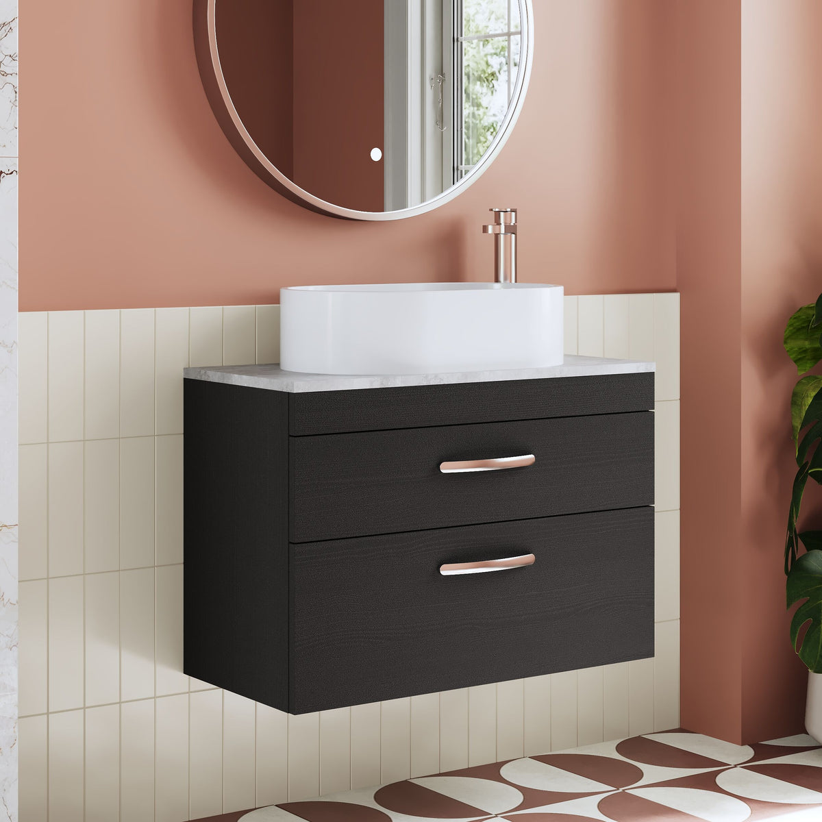 Modern Splash 800mm Charcoal Black 2 Drawer Wall Hung Vanity Unit With Bellato Grey Worktop