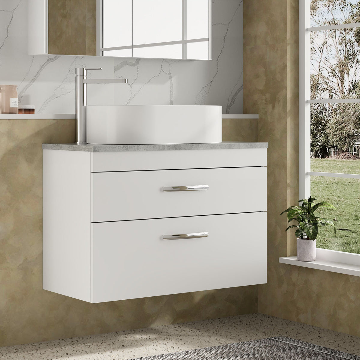 Modern Splash 800mm Gloss White 2 Drawer Wall Hung Vanity Unit With Bellato Grey Worktop