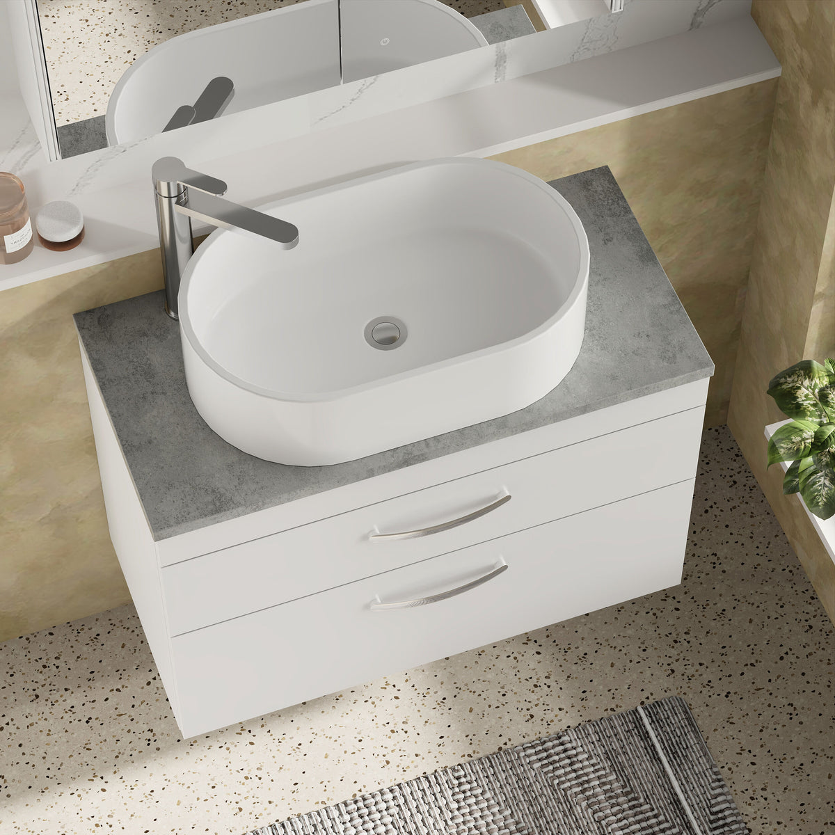 Modern Splash 800mm Gloss White 2 Drawer Wall Hung Vanity Unit With Bellato Grey Worktop