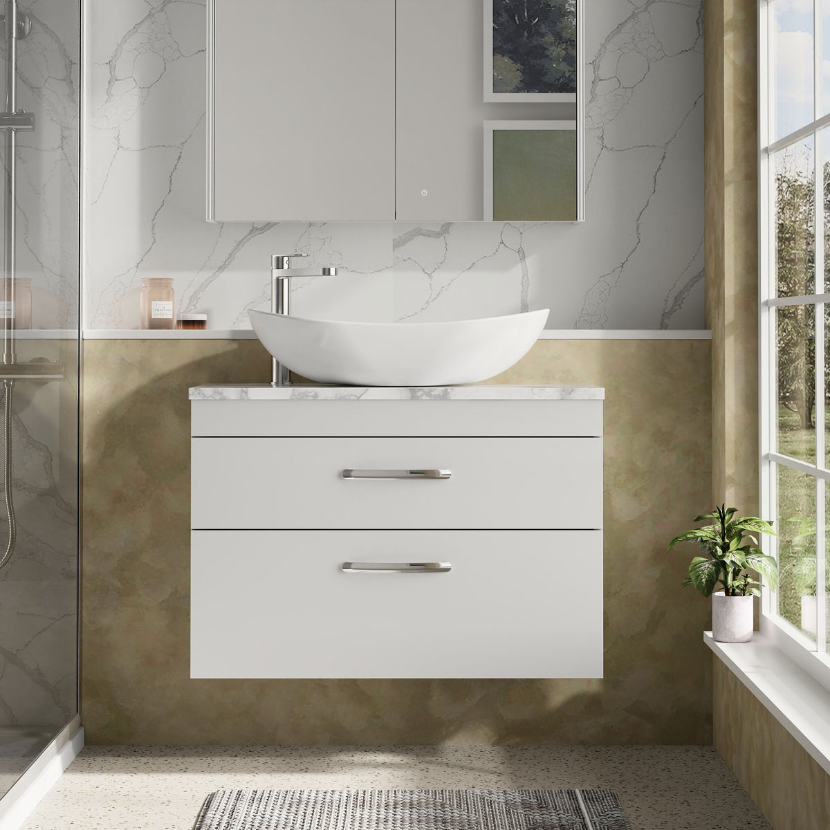 Modern Splash 800mm Gloss White 2 Drawer Wall Hung Gloss White Vanity Unit With Carrara Laminate Worktop