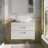 Modern Splash 800mm Gloss White 2 Drawer Wall Hung Gloss White Vanity Unit With Carrara Laminate Worktop