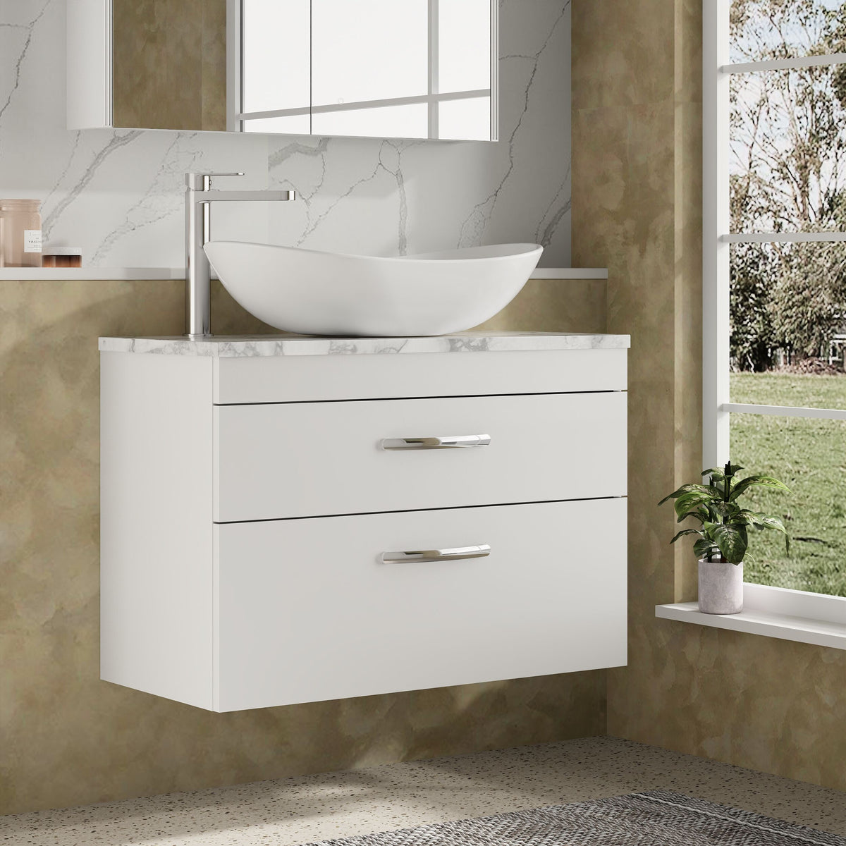 Modern Splash 800mm Gloss White 2 Drawer Wall Hung Gloss White Vanity Unit With Carrara Laminate Worktop