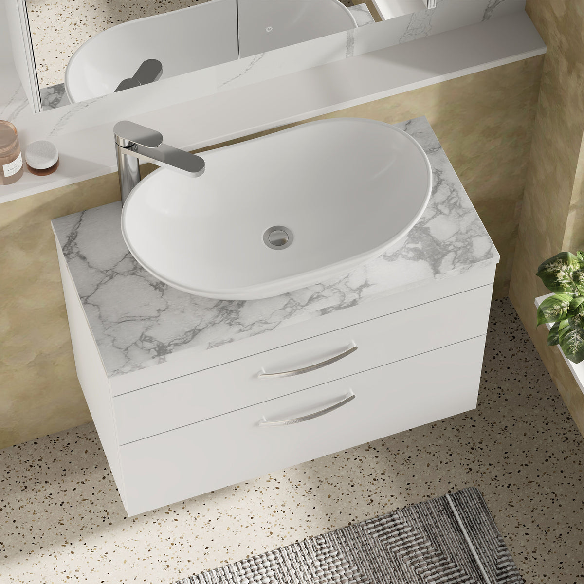 Modern Splash 800mm Gloss White 2 Drawer Wall Hung Gloss White Vanity Unit With Carrara Laminate Worktop