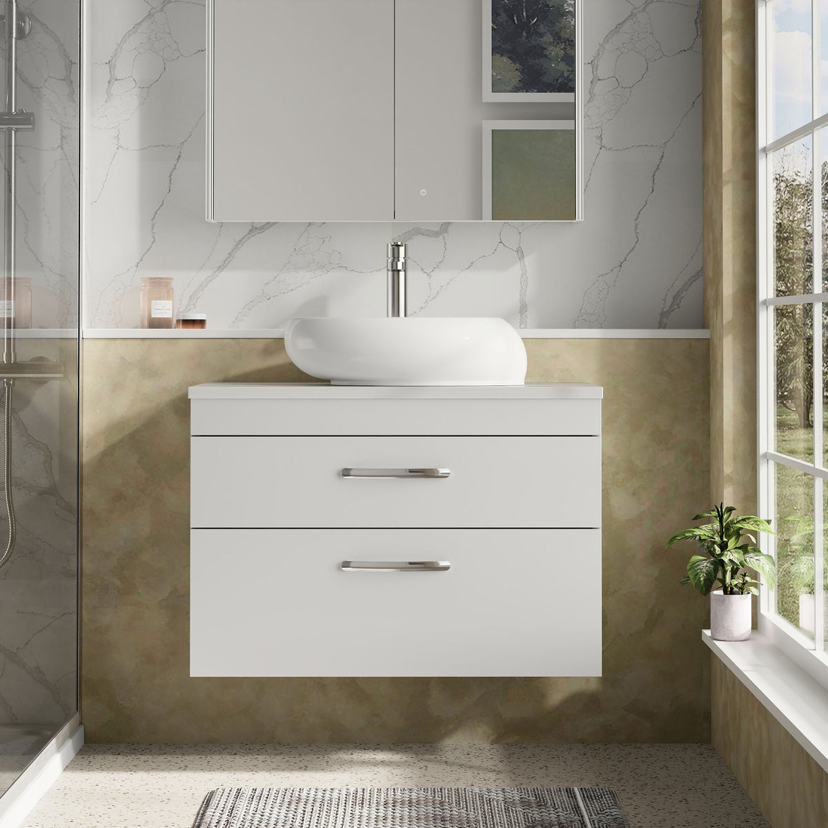 Modern Splash 800mm Gloss White 2 Drawer Wall Hung Vanity Unit With Co-ordinating Worktop