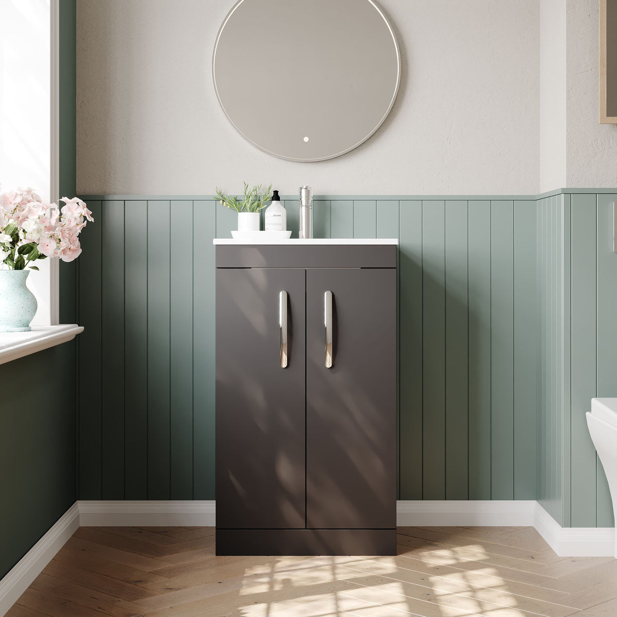 Modern Splash 500mm Gloss Grey 2 Door Floor Standing Cabinet With Minimalist Basin