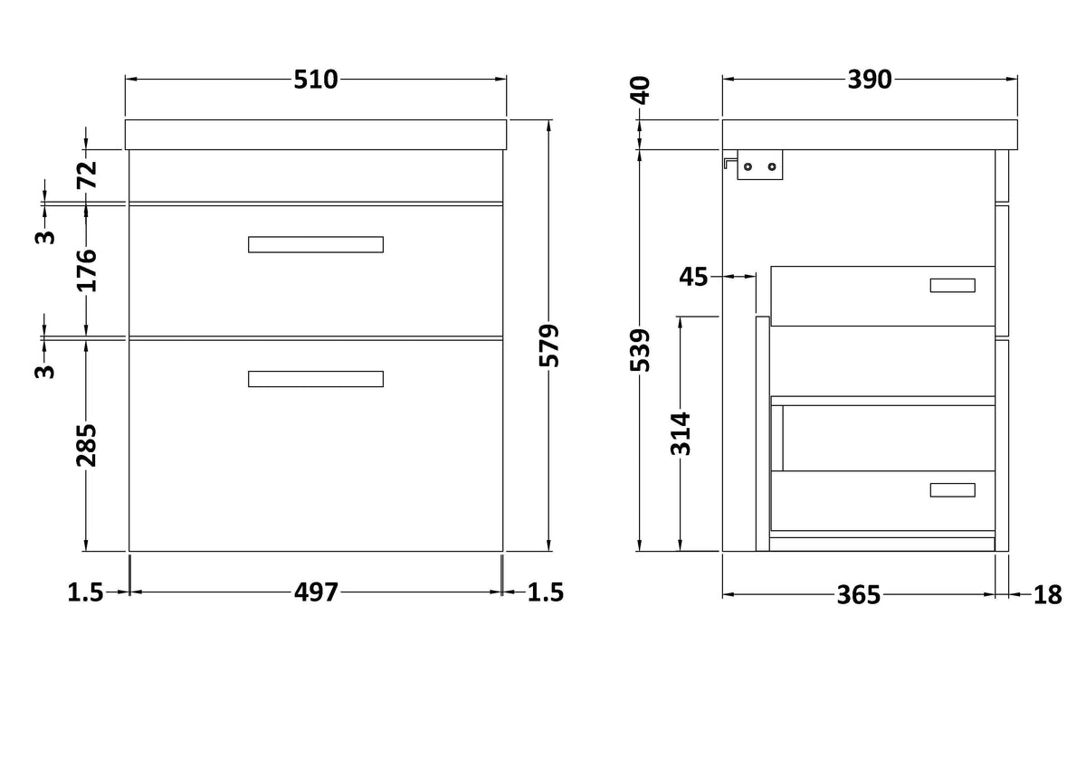 Modern Splash 500mm Gloss Grey 2 Drawer Wall Hung Cabinet With Mid-Edge Basin
