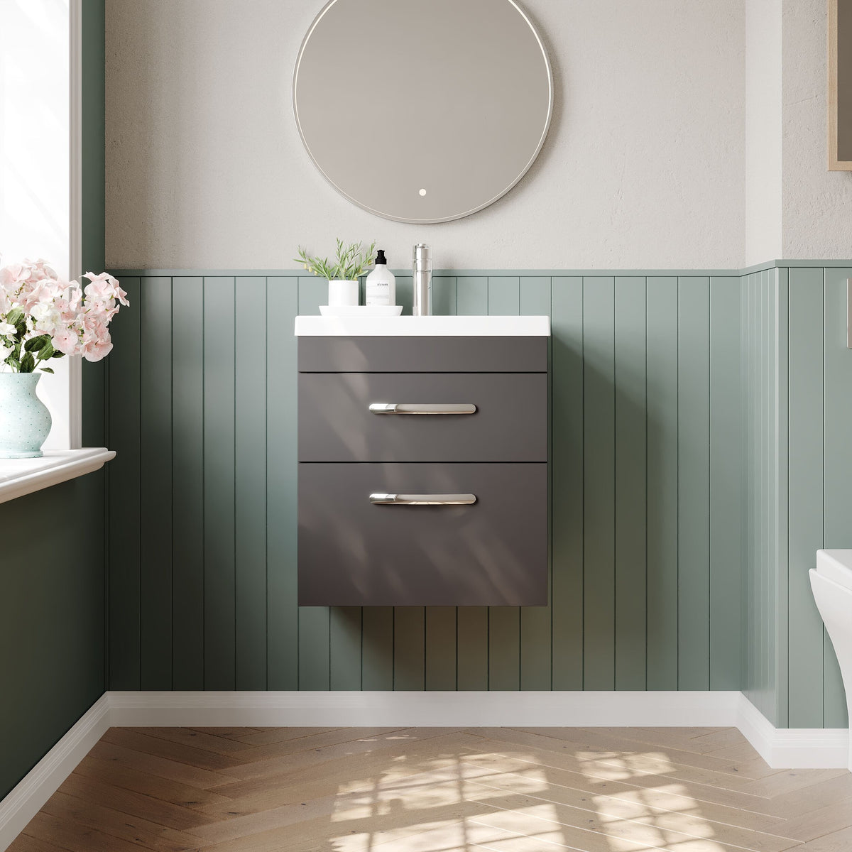 Modern Splash 500mm Gloss Grey 2 Drawer Wall Hung Cabinet With Mid-Edge Basin