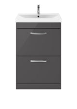 Modern Splash 600mm Gloss Grey 2 Drawer Floor Standing Cabinet With Thin Edge Basin