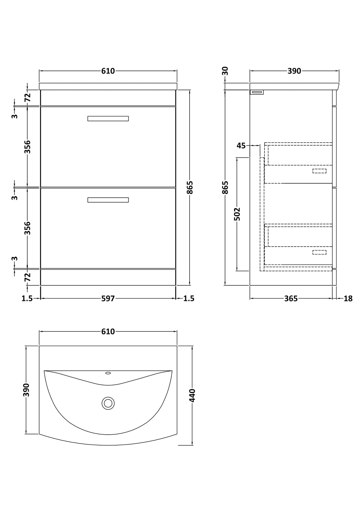 Modern Splash 600mm Gloss Grey 2 Drawer Floor Standing Cabinet With Curved Basin