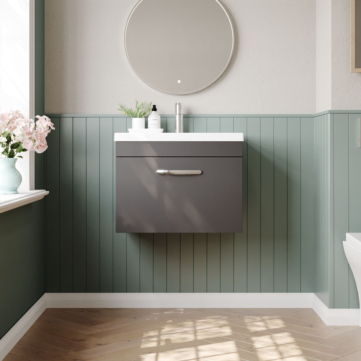 Modern Splash 600mm Gloss Grey 1 Drawer Wall Hung Cabinet With Mid-Edge Basin