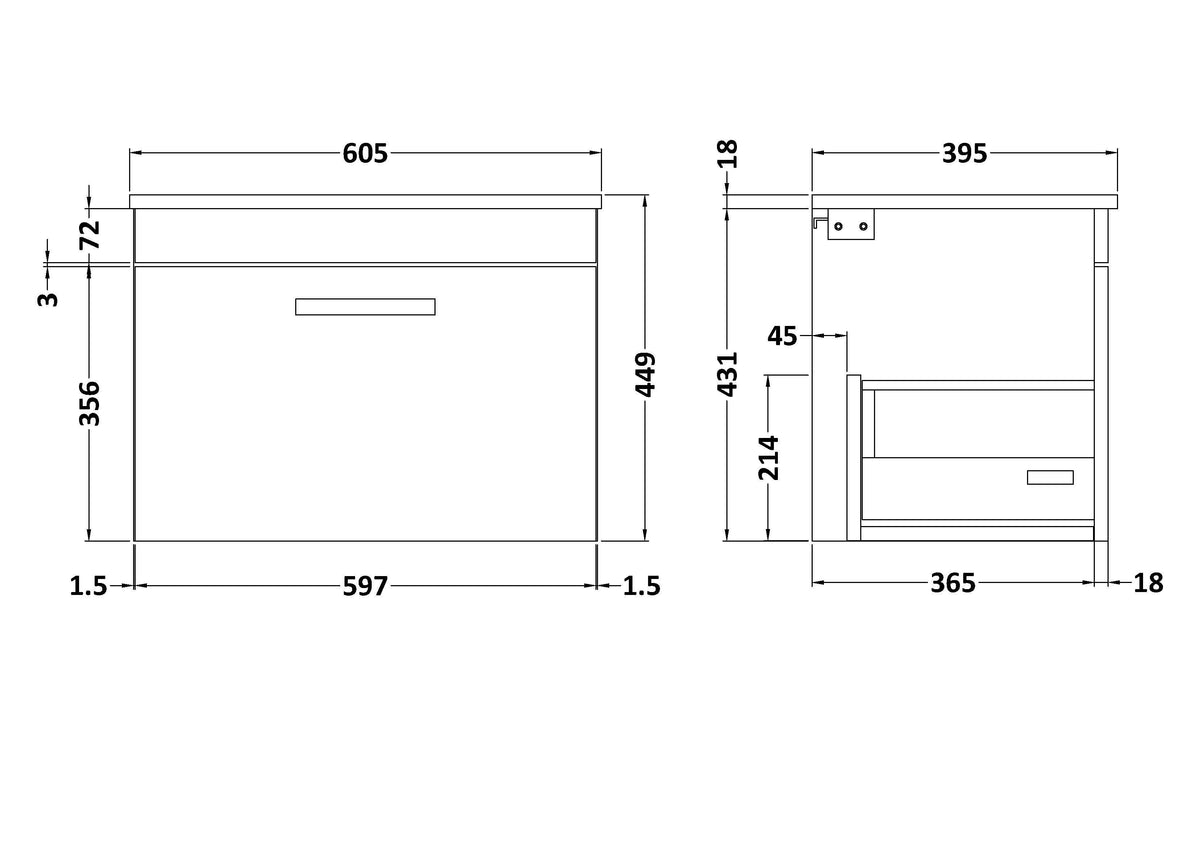 Modern Splash 600mm Gloss Grey 1 Drawer Wall Hung Cabinet With Minimalist Basin