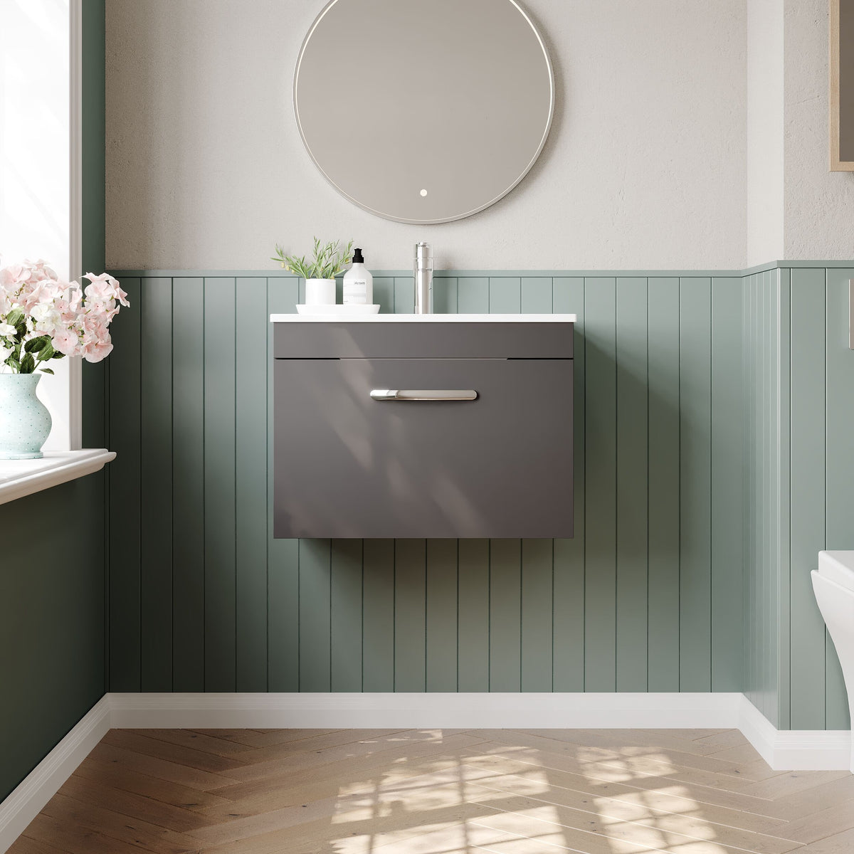 Modern Splash 600mm Gloss Grey 1 Drawer Wall Hung Cabinet With Minimalist Basin