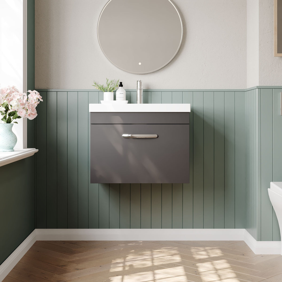 Modern Splash 600mm Gloss Grey 1 Drawer Wall Hung Cabinet With Thin Edge Basin