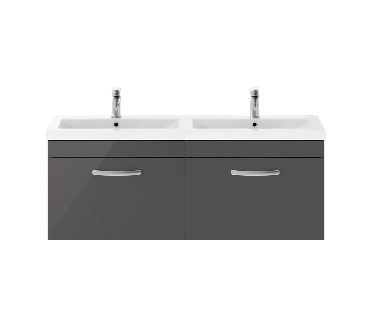 Modern Splash 1200mm Gloss Grey 2 Drawer Wall Hung Cabinet With 2 Tap Hole Ceramic Basin