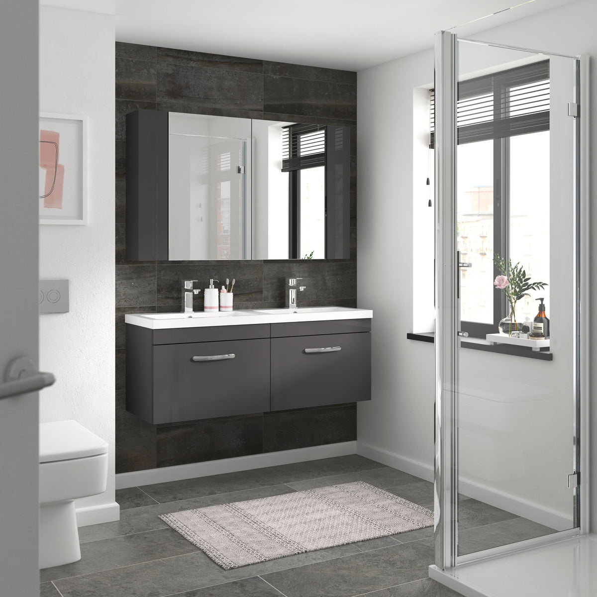 Modern Splash 1200mm Gloss Grey 2 Drawer Wall Hung Cabinet With 2 Tap Hole Ceramic Basin