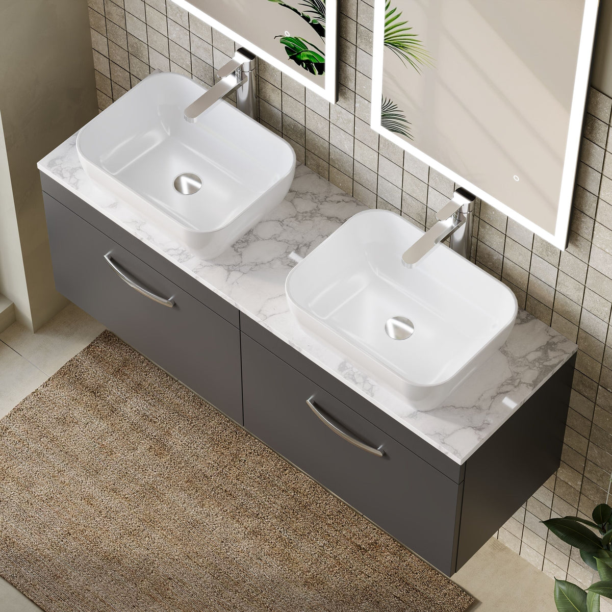 Modern Splash 1200mm Gloss Grey 2 Drawer Wall Hung Vanity With Carrara Laminate Worktop