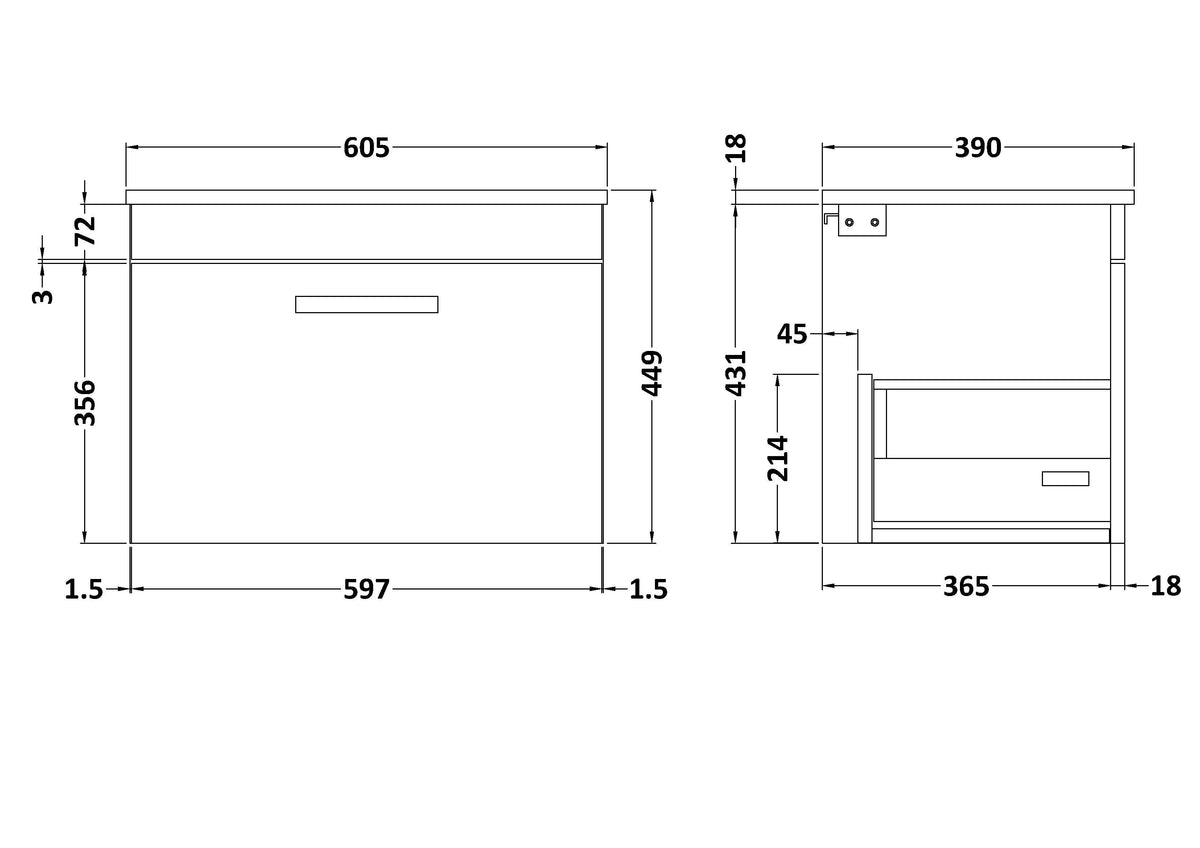 Modern Splash 600mm Gloss Grey  1 Drawer Wall Hung Vanity Unit With Co-ordinating Worktop