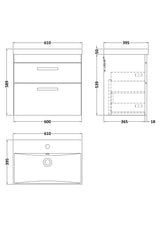 Modern Splash 600mm Gloss Grey 2 Drawer Wall Hung Cabinet With Thin Edge Basin
