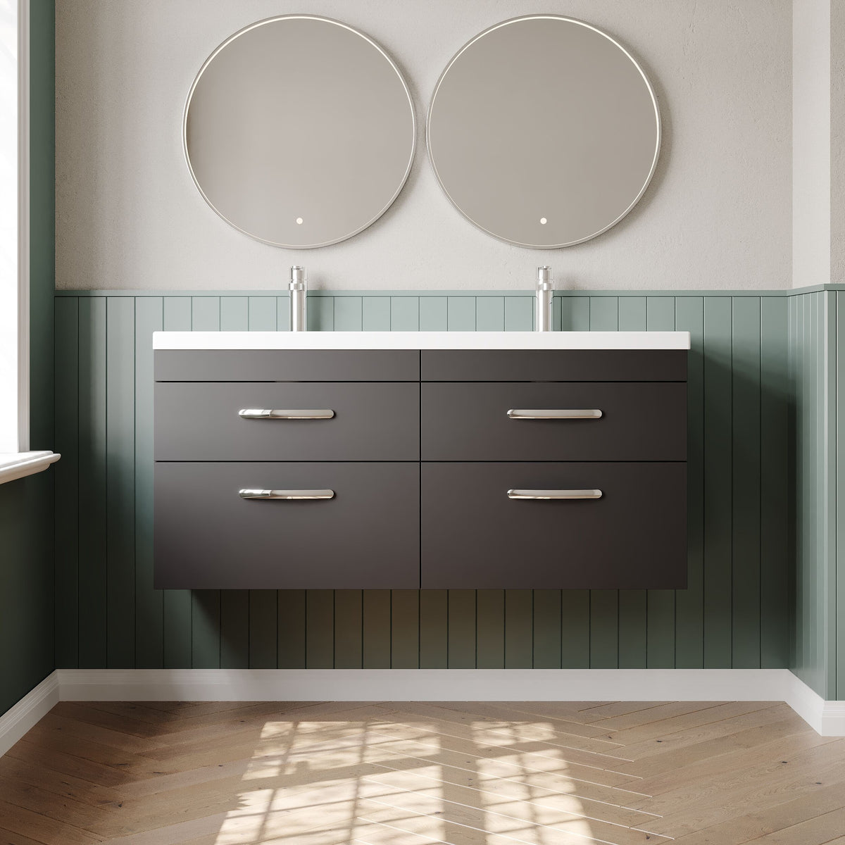 Modern Splash 1200mm Gloss Grey 4 Drawer Wall Hung Cabinet With 2 Tap Hole Ceramic Basin