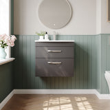 Modern Splash 600mm Gloss Grey 2 Drawer Wall Hung Cabinet With Curved Basin