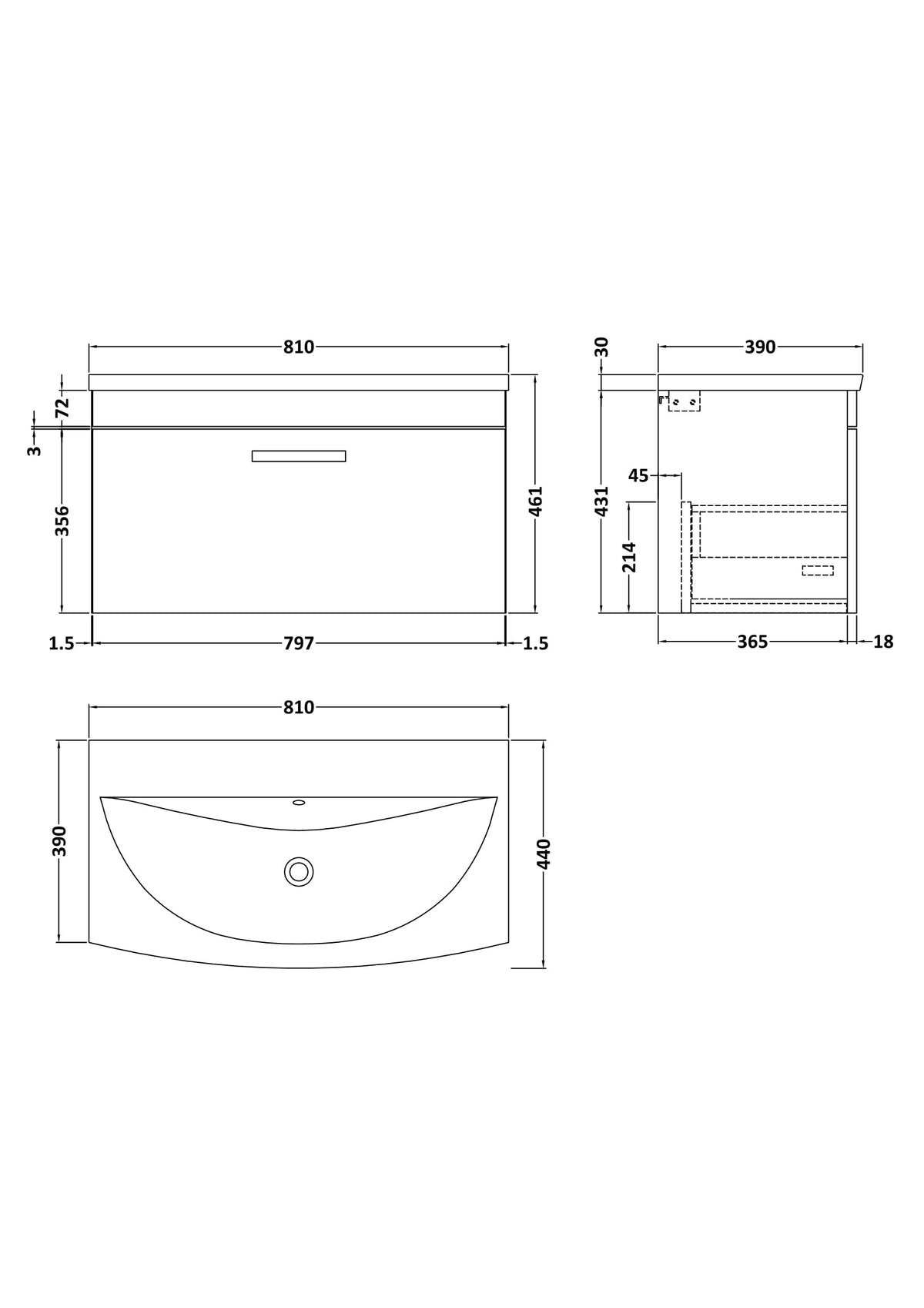 Modern Splash 800mm Gloss Grey 1 Drawer Wall Hung Cabinet With Curved Basin