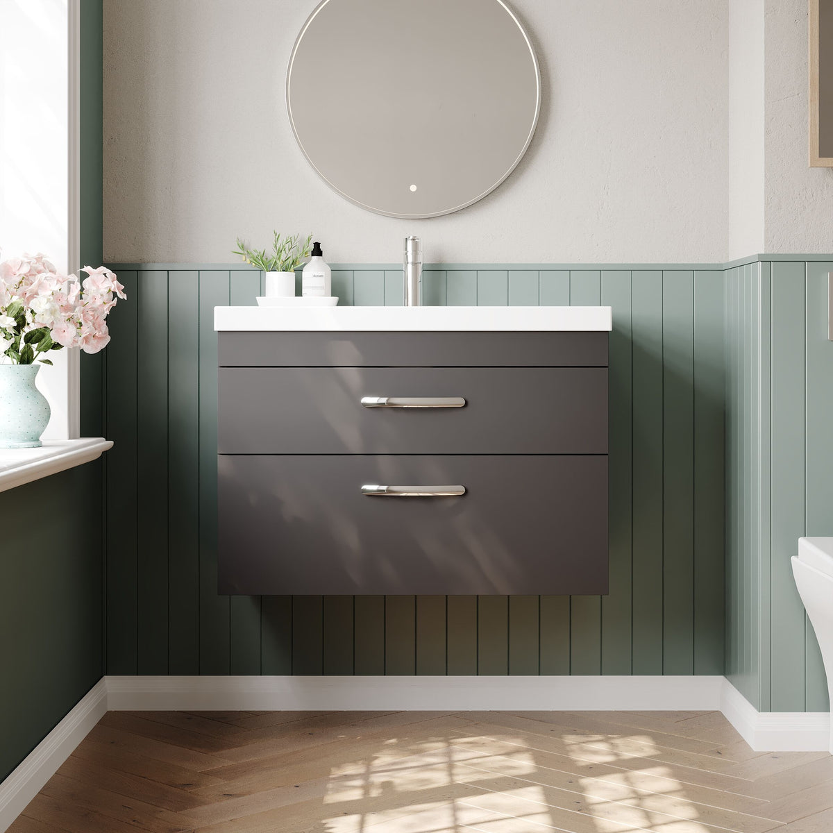 Modern Splash 800mm Gloss Grey 2 Drawer Wall Hung Cabinet With Thin Edge Basin