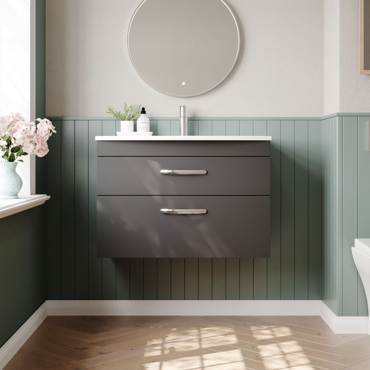 Modern Splash 800mm Gloss Grey 2 Drawer Wall Hung Cabinet With Curved Basin