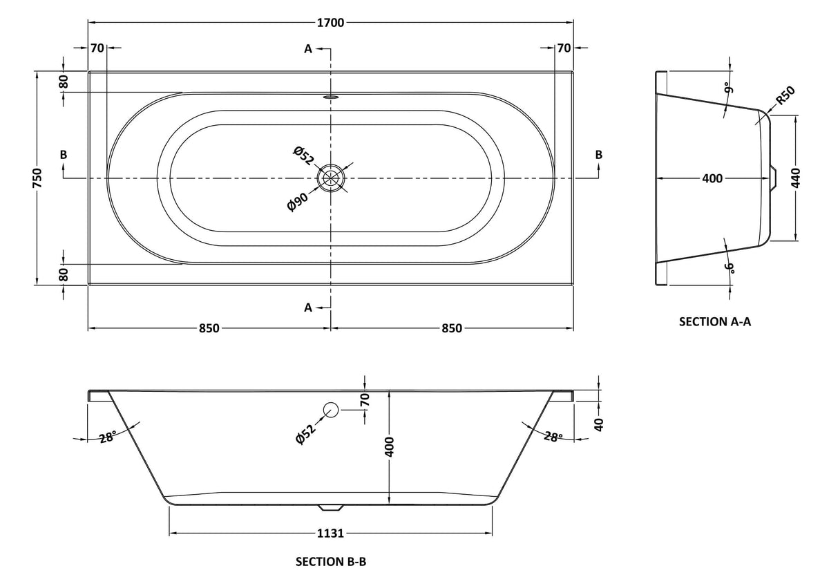 Modern Splash 1700mm x 750mm Round Double Ended Bath With Legs