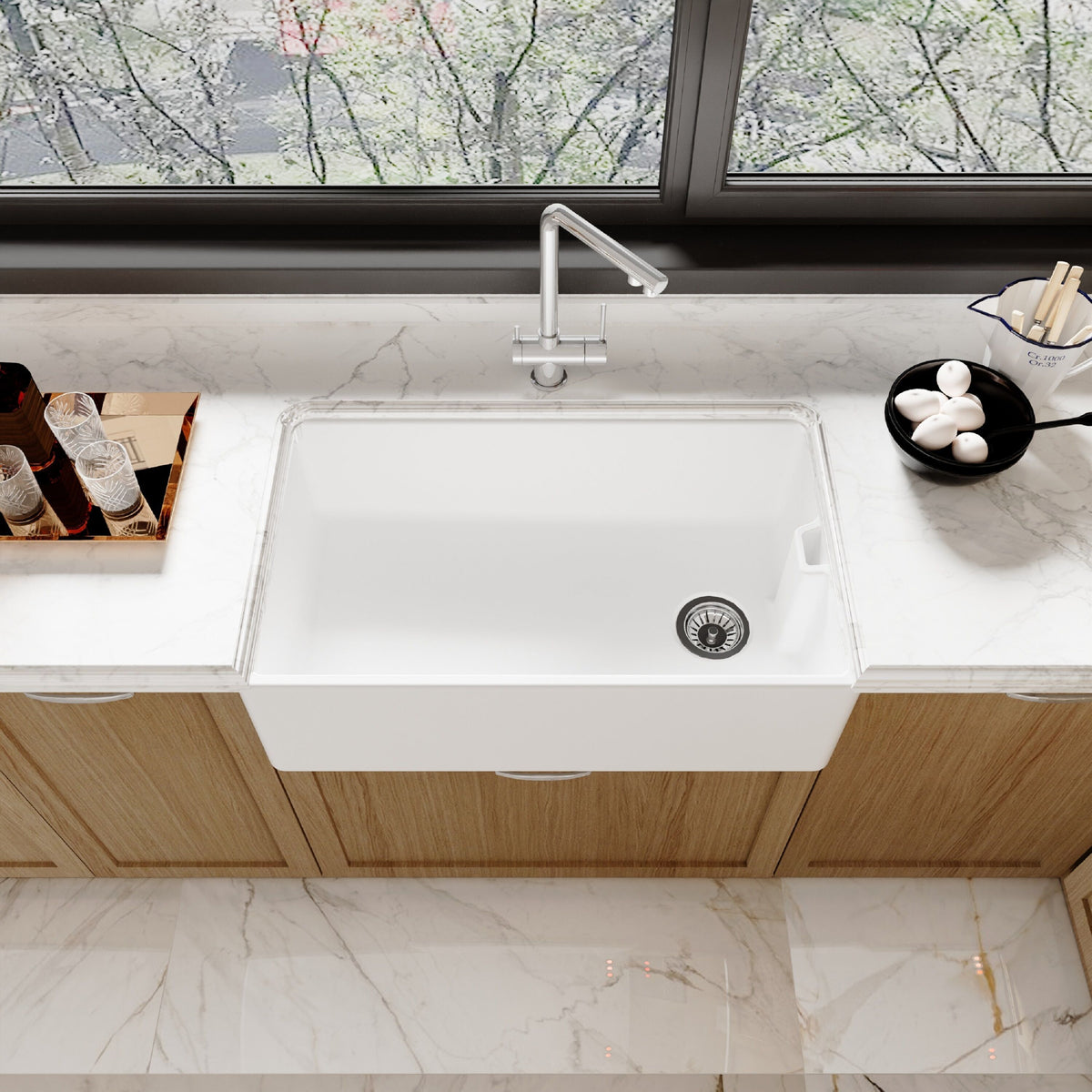 Modern Splash 795mm x 460mm x 245mm Fireclay White Single Bowl Belfast Sink With Offset Waste And Weir Overflow