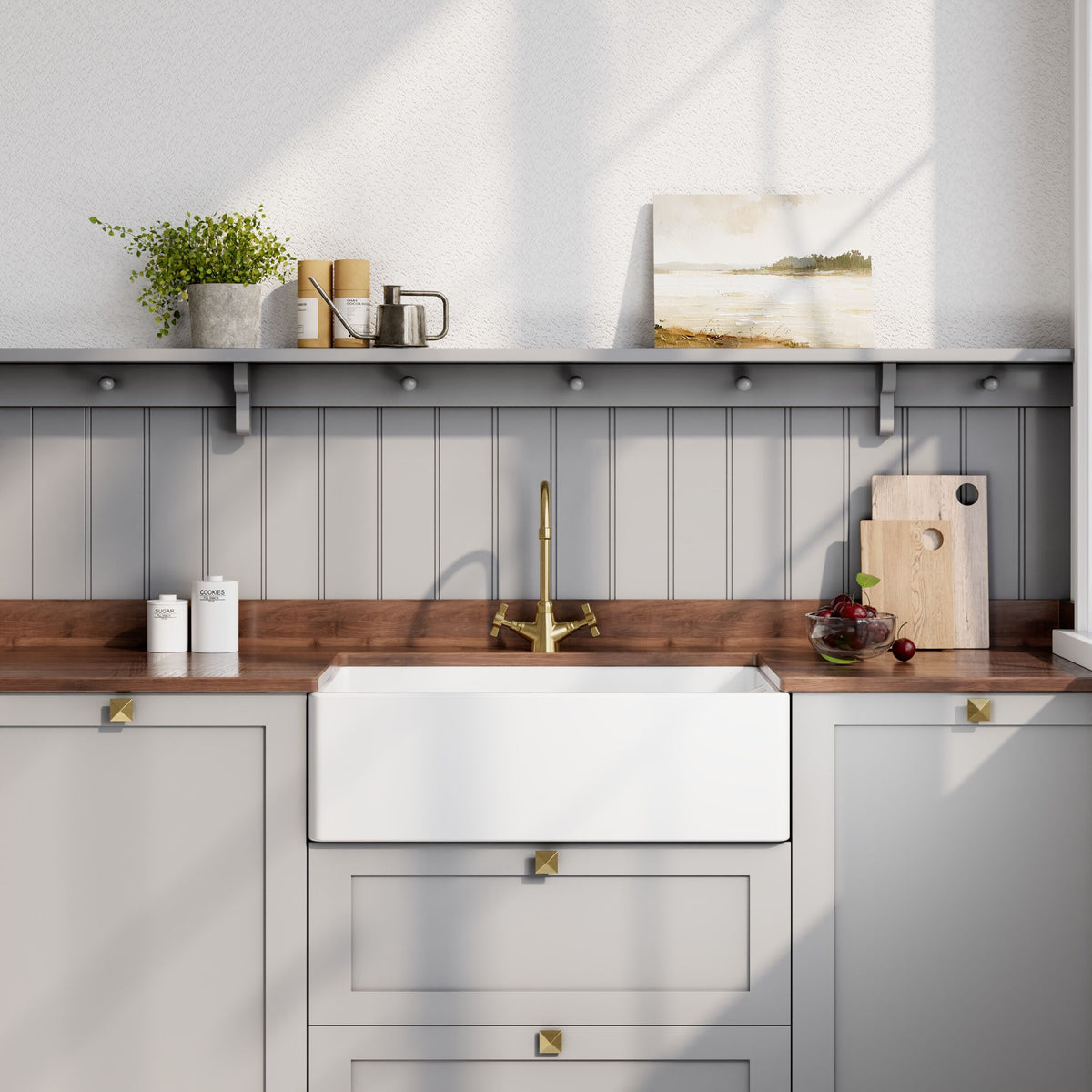 Modern Splash 795mm x 460mm x 245mm Fireclay White Single Bowl Belfast Sink With Offset Waste And Weir Overflow