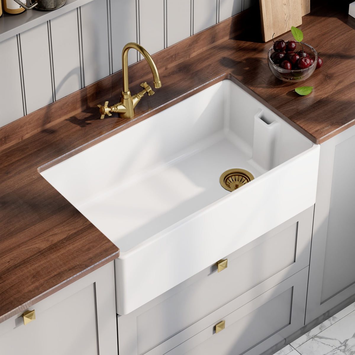 Modern Splash 795mm x 460mm x 245mm Fireclay White Single Bowl Belfast Sink With Offset Waste And Weir Overflow