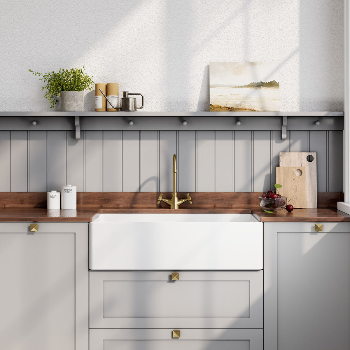 Modern Splash 895mm x 460mm x 245mm Fireclay White Single Bowl Belfast Sink With Offset Waste And Weir Overflow