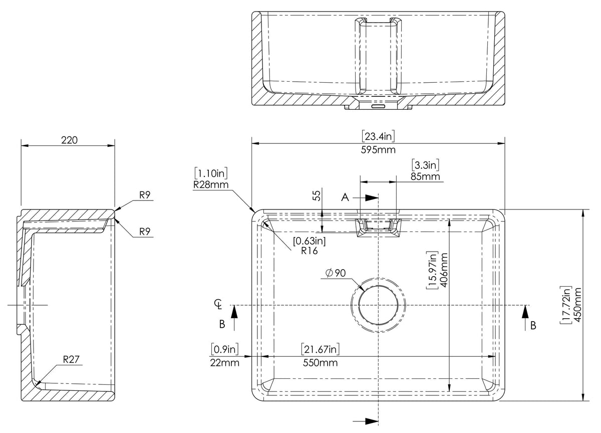Modern Splash 595mm x 450mm x 220mm Fireclay White Single Bowl Belfast Sink With Central Waste And Weir Overflow