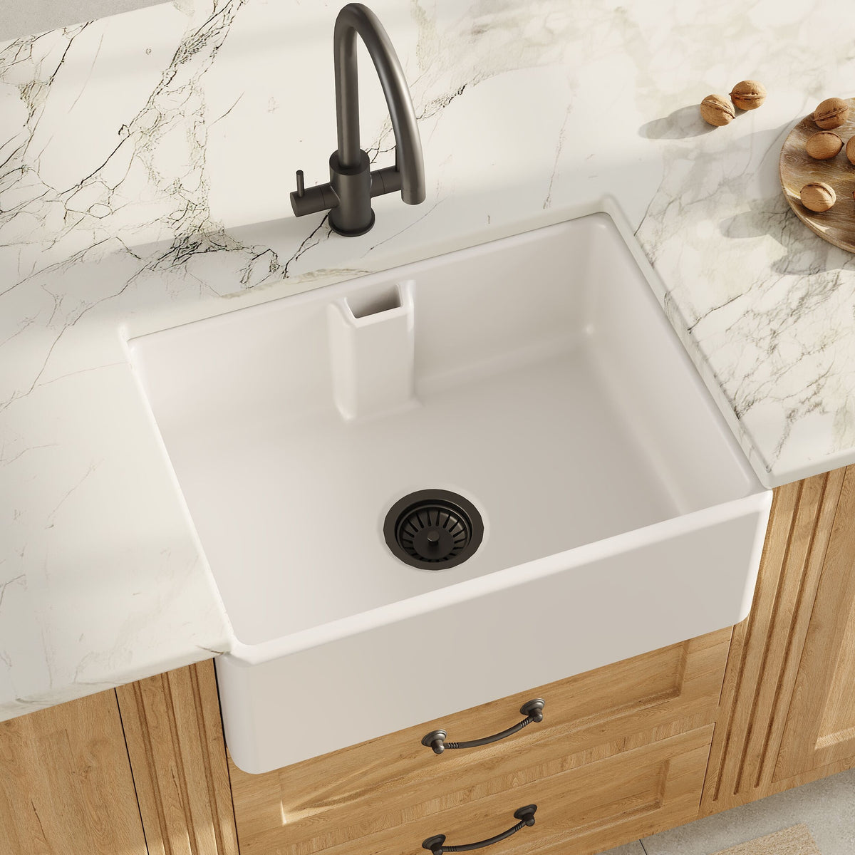 Modern Splash 595mm x 450mm x 220mm Fireclay White Single Bowl Belfast Sink With Central Waste And Weir Overflow