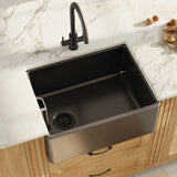 Modern Splash 595mm x 455mm x 254mm Fireclay Soft Black Single Bowl Belfast Sink With Offset Waste And Weir Overflow