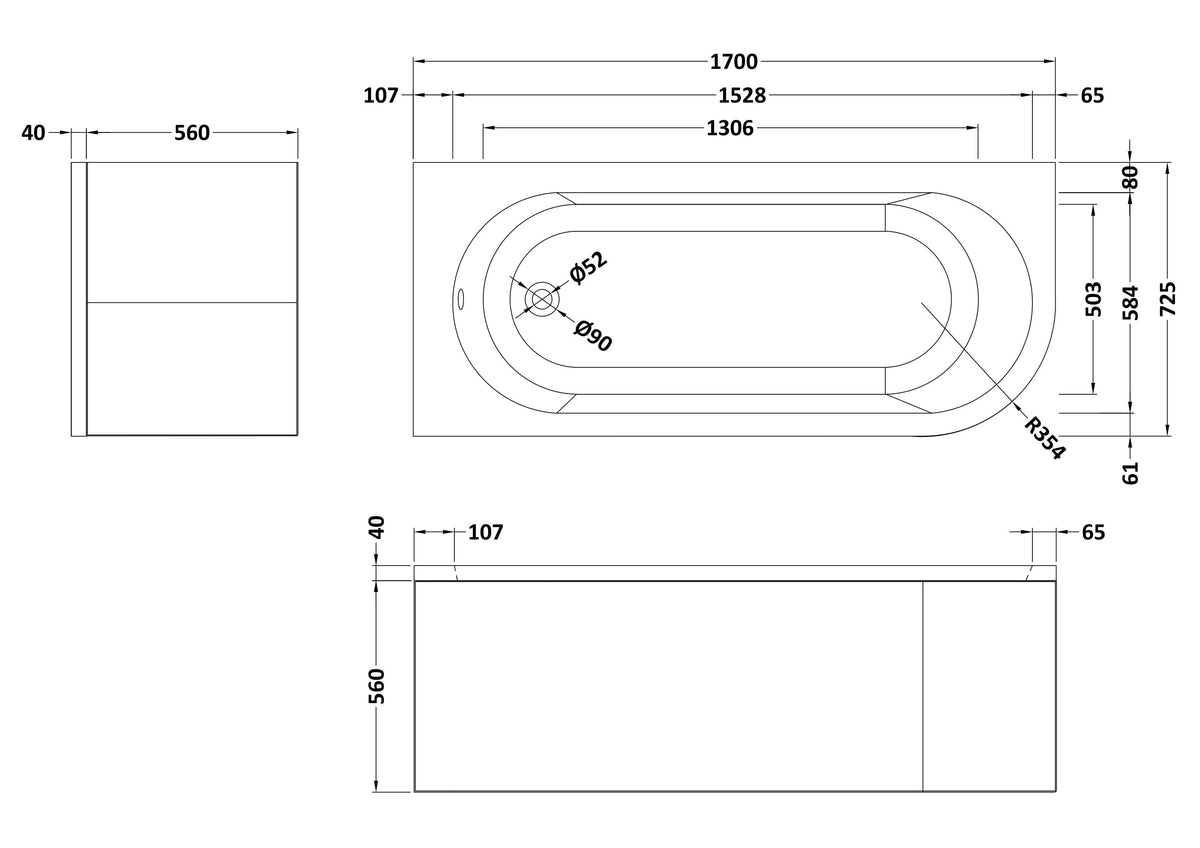 Modern Splash 1700mm Left-Hand Curved Corner Bath With Legs And Panel