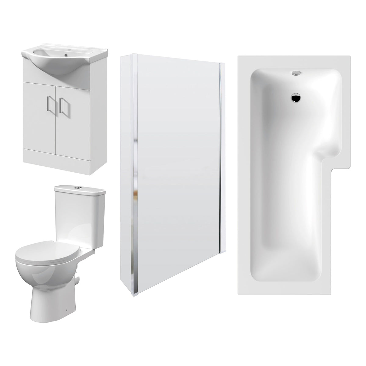 Modern Splash  1700 x 850mm Right Hand Square Shower Bath, Bath Screen, 550mm Vanity Unit, Pan & Cistern