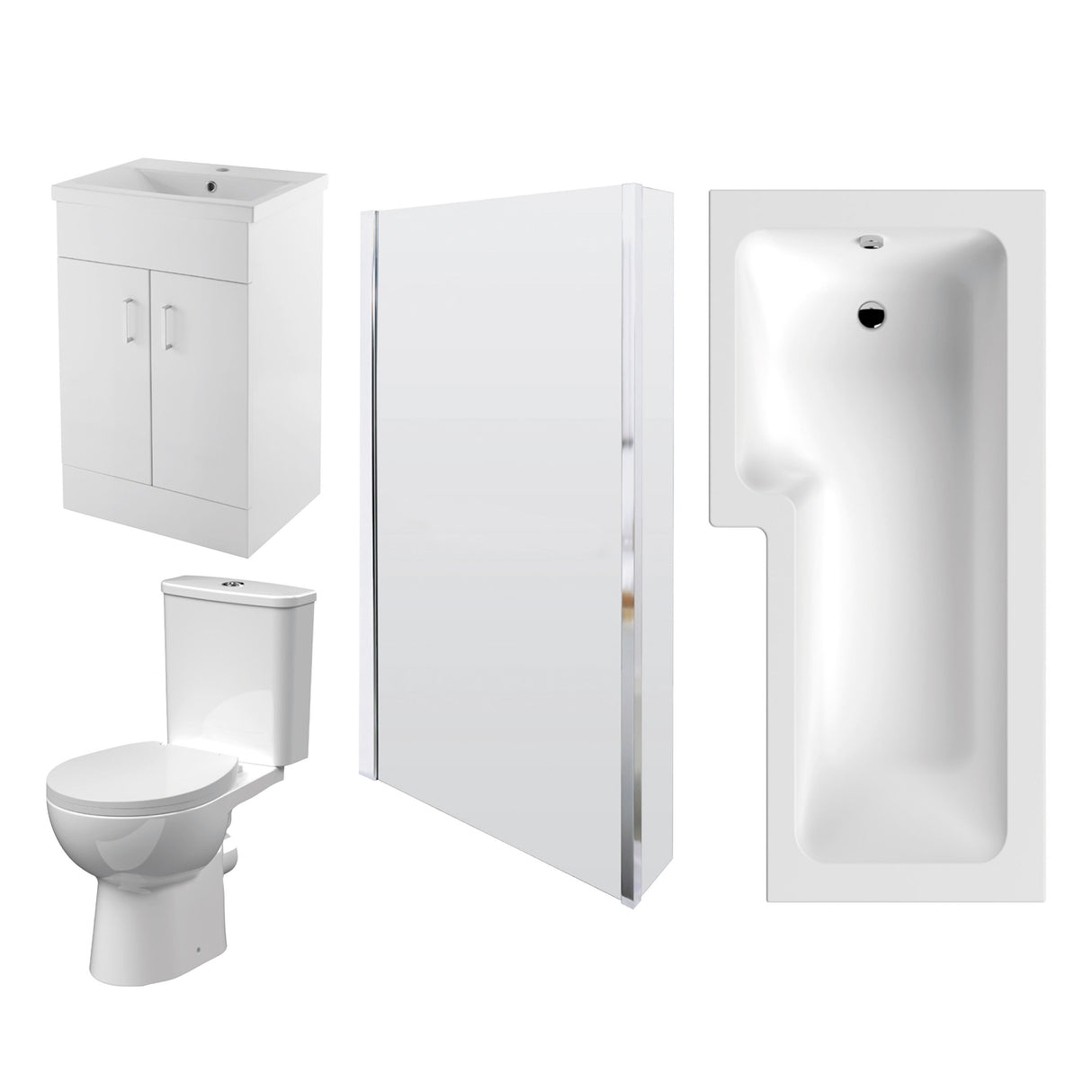 Modern Splash  1700 x 850mm Left Hand Square Shower Bath, Bath Screen, 500mm Vanity Unit, Pan & Cistern