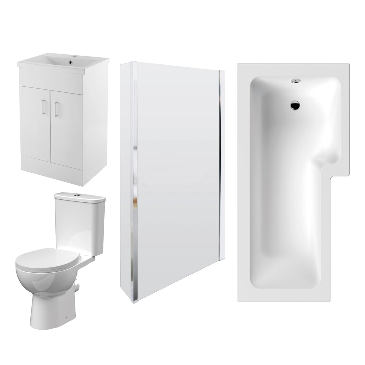 Modern Splash  1700 x 850mm Right Hand Square Shower Bath, Bath Screen, 500mm Vanity Unit, Pan & Cistern