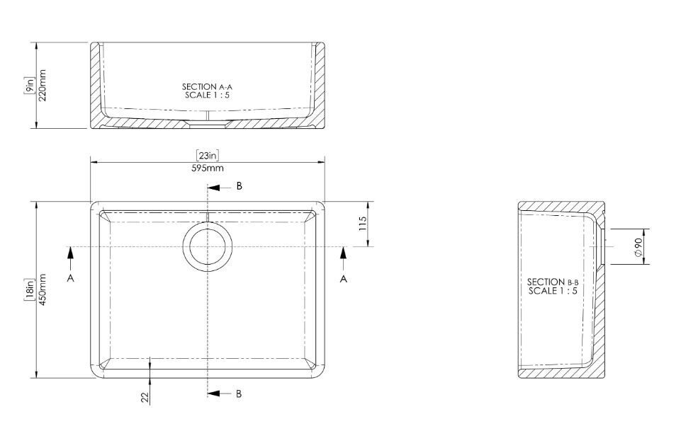 Modern Splash 595mm x 450mm x 220mm Fireclay White Single Bowl Butler Sink With Offset Waste