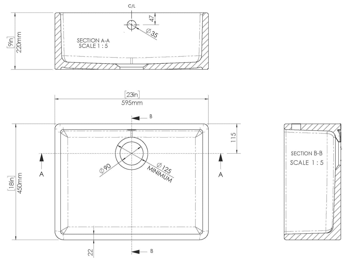 Modern Splash 595mm x 450mm x 220mm Fireclay White Single Bowl Butler Sink With Offset Waste And Overflow