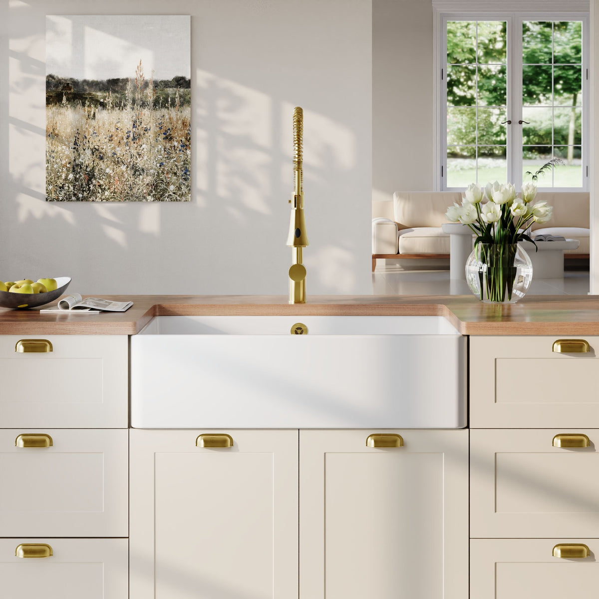 Modern Splash 795mm x 500mm x 220mm Fireclay White Single Bowl Butler Sink With Offset Waste And Overflow