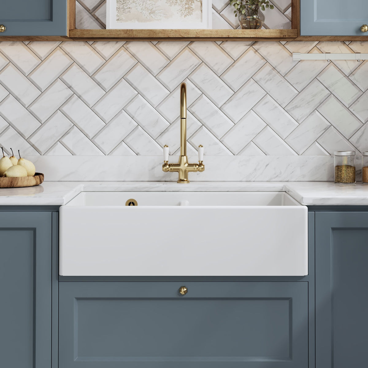 Modern Splash 795mm x 500mm x 220mm Fireclay White Double Bowl Butler Sink With Stepped Weir And Overflow