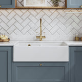 Modern Splash 795mm x 500mm x 220mm Fireclay White Double Bowl Butler Sink With Stepped Weir And Overflow