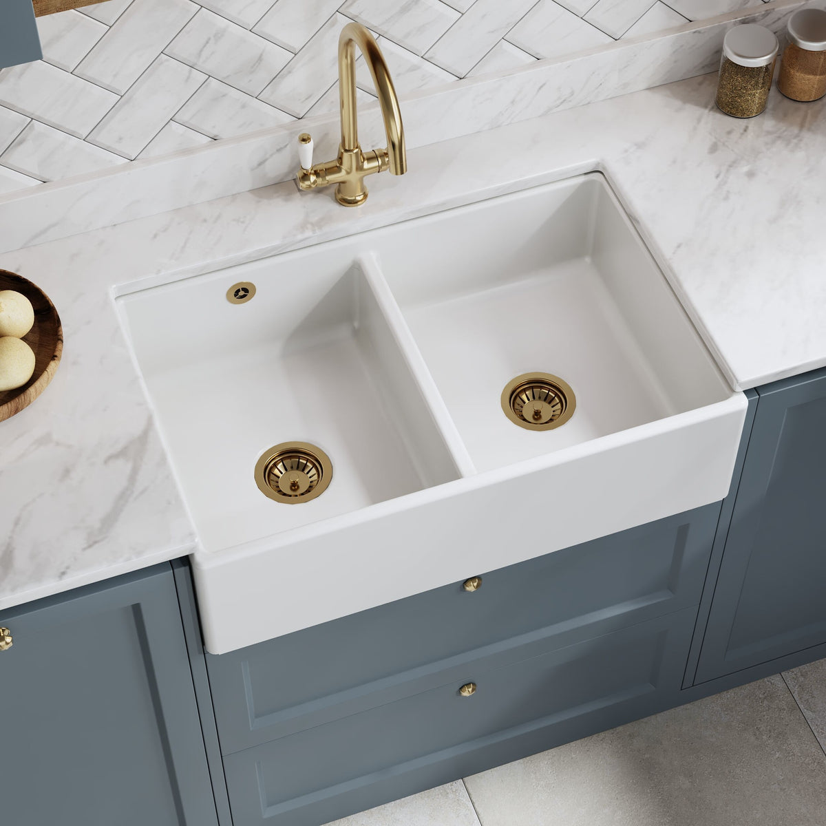 Modern Splash 795mm x 500mm x 220mm Fireclay White Double Bowl Butler Sink With Stepped Weir And Overflow